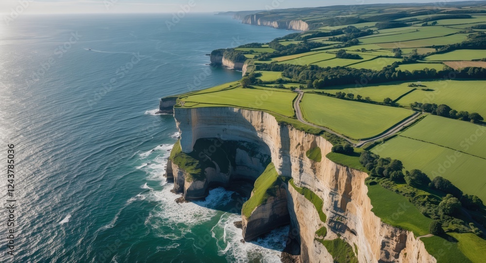 Poster aerial drone view of stunning cliffs overlooking atlantic ocean with lush green countryside and vast