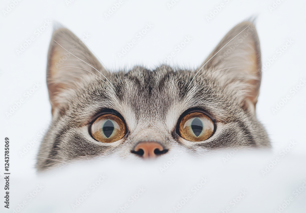 Poster close-up of a curious cat peeking over a soft surface with large expressive eyes in a calm and minim