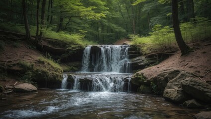 Fototapeta premium Serene Summer Waterfall Cascading Through Lush Green Forest Surrounded By Rocks And Peaceful Waters