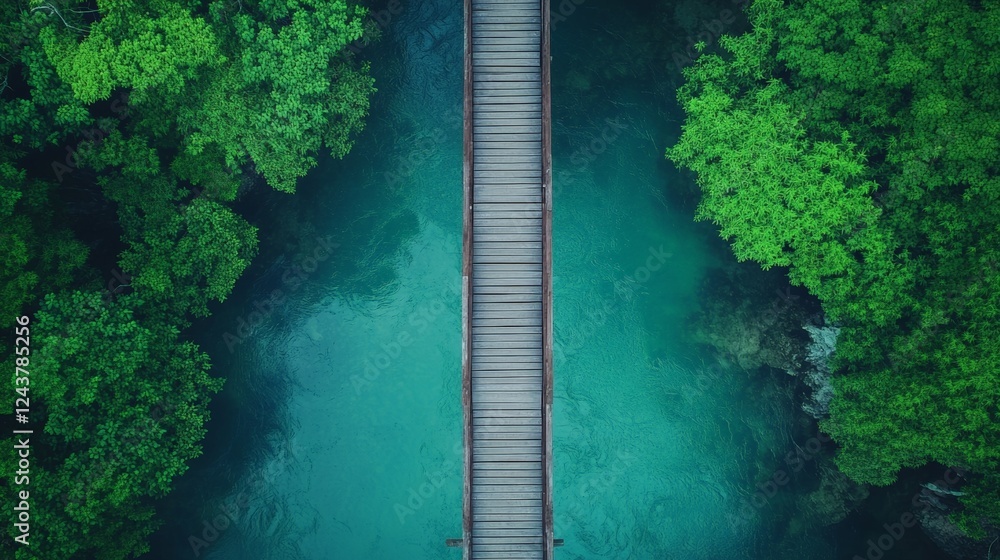 Poster aerial view of a wooden bridge crossing a river with turquoise water surrounded by lush green vegeta