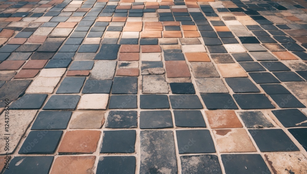 Poster tiled pavement with an intricate pattern of colored tiles creating a textured and visually appealing