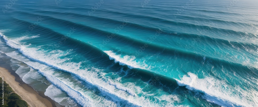 Poster aerial view of vibrant electric blue ocean waves crashing against the shoreline with ample copy spac