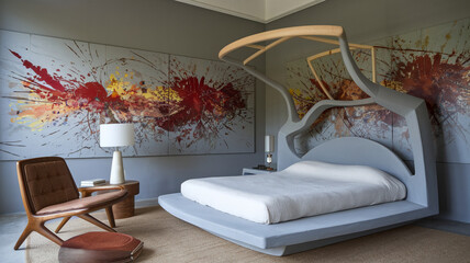 An artistic bedroom featuring abstract wall art and sculptural furniture. The unique design blends creativity and sophistication, creating a visually striking and stylish space.

