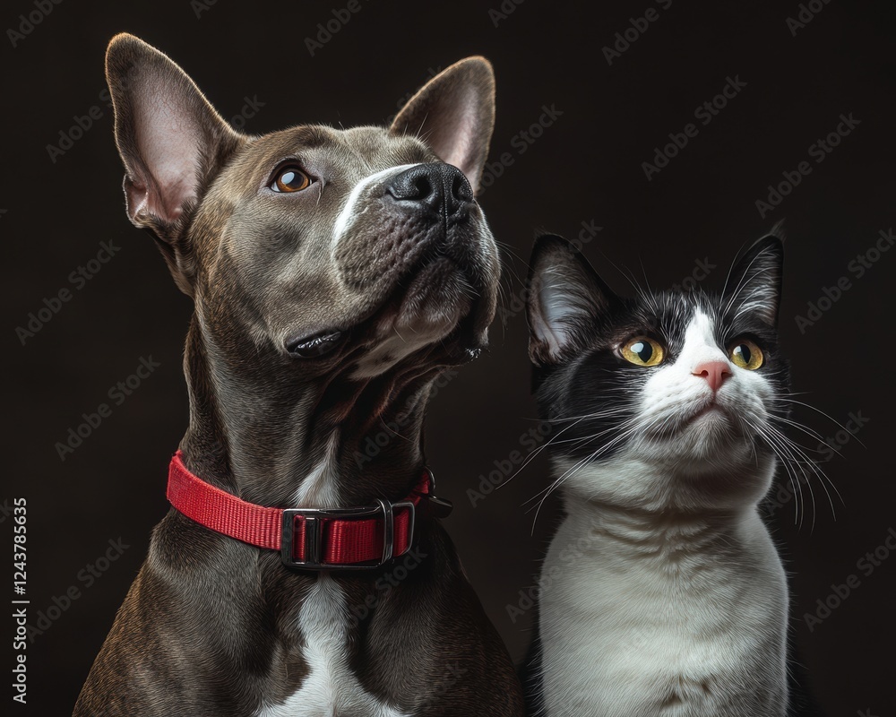 Poster Close-up of a dog and a cat looking up with curiosity against a dark background, showcasing their expressions and contrasting colors in a charming portrait