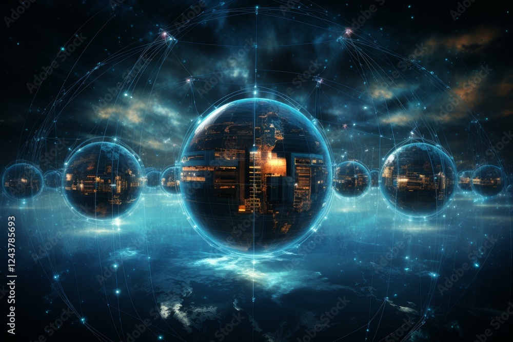 Poster futuristic smart cities enclosed in spheres, interconnected in a global network, exchanging data and