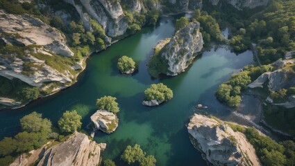 Aerial View of Scenic River with Lush Green Islands and Rocky Shoreline Ideal for Nature and Travel Themes