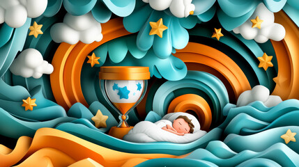 whimsical illustration depicting child peacefully sleeping amidst colorful waves, clouds, and stars, symbolizing importance of sleep and dreams