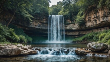 Majestic waterfall cascading into a serene forest pool surrounded by lush greenery inviting peace and tranquility with clear water and rocks.