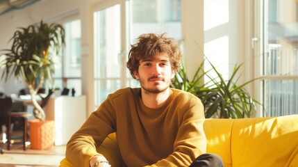 attractive man smiling brown sweater modern office yellow couch natural light