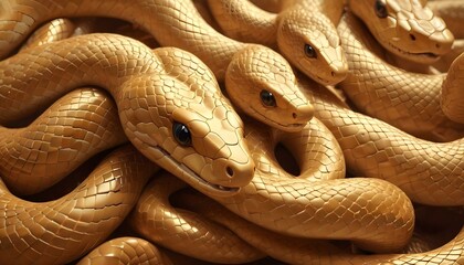 Fototapeta premium Una vista de primer plano de una masa enredada de serpientes o serpientes de color marrón dorado, cuyas escamas reflejan la luz para crear una apariencia brillante y texturizada