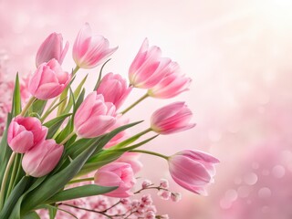 Fototapeta premium Pink Tulip Bouquet: Delicate pink tulips in full bloom, arranged in a captivating bouquet, exude elegance and springtime freshness. The soft, romantic lighting enhances their beauty. 