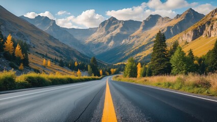 Naklejka premium Scenic Mountain Road Surrounded by Lush Nature Under Vibrant Sky during Daytime