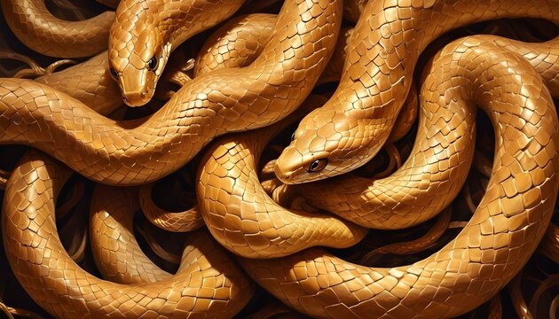 Una vista de primer plano de una masa enredada de serpientes o serpientes de color marr&oacute;n dorado, cuyas escamas reflejan la luz para crear una apariencia brillante y texturizada