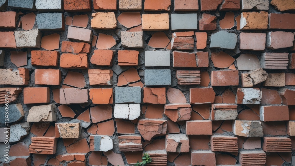 Poster cracked brick wall showcasing a mosaic of various patterns and colors demonstrating rustic architect