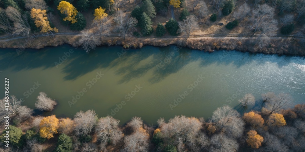 Poster aerial view of serene creek surrounded by autumn trees with space for text overlay