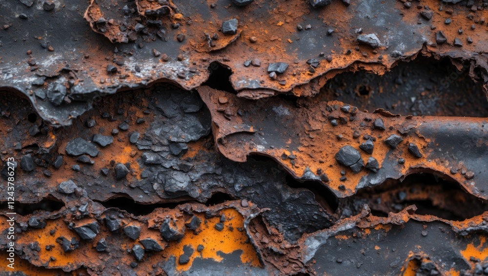 Poster detailed close-up of corroded metal surface showing layers of rust and texture in a blend of orange 
