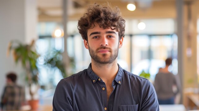 young french man portrait curly hair beard modern office cinematic lighting realistic - Powered by Adobe