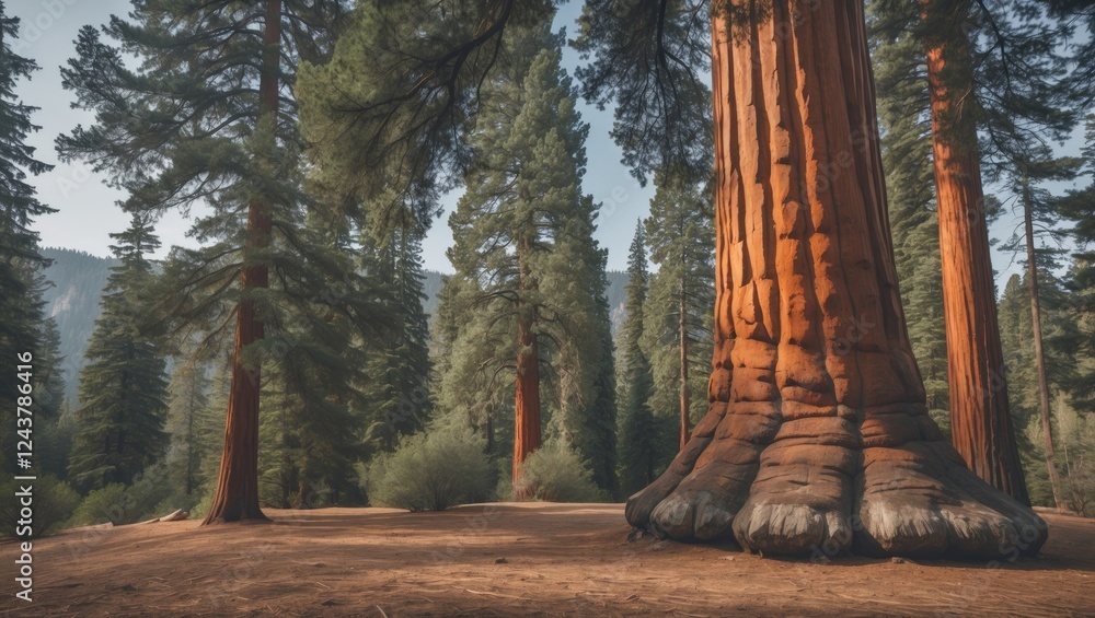 Poster majestic sequoia tree surrounded by nature with ample space for text and ideas in a serene forest se