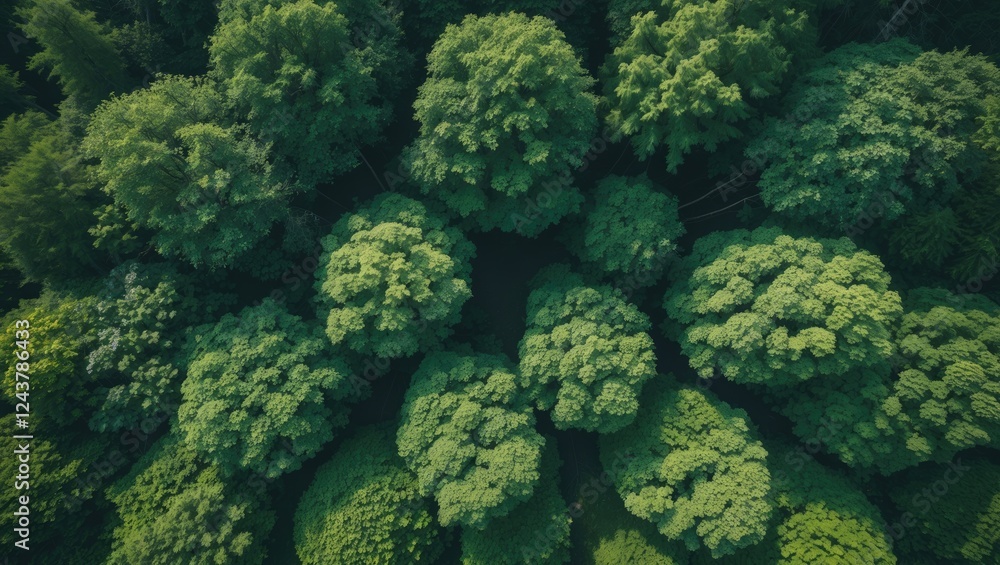 Poster aerial view of lush green tree canopy in dense forest with space for text overlay and nature backgro