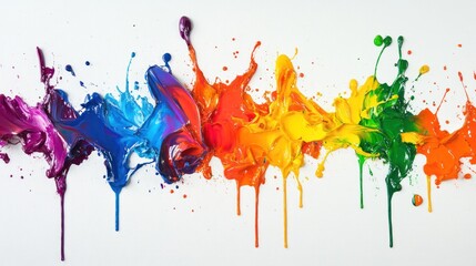 Rainbow paint splashes on white background; vibrant, creative, design element