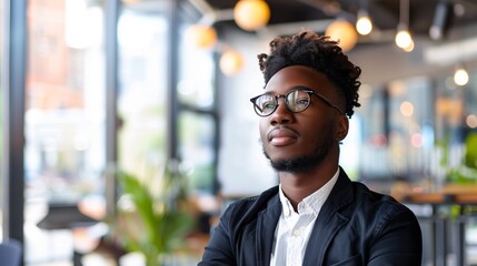 Fototapeta premium black businessman glasses modern office cafe dreadlocks thoughtful smile blurred background