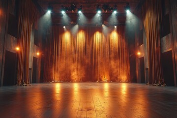 A dramatic theater stage illuminated with warm lights and smoke, setting the scene for a captivating performance