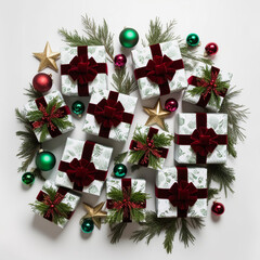 Christmas gift box with white ribbon on Christmas wreath, fir branches, Christmas balls