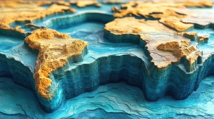 Earth relief model, ocean depth, continents, textured, background blur, geography education
