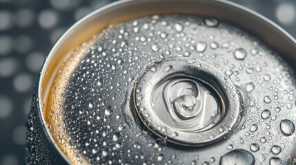 Close-up of condensation droplets forming on a cold beverage can, detailed texture, crisp and refreshing aesthetic, high resolution