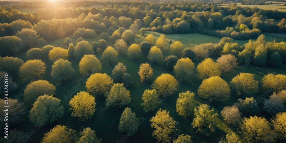 Aufkleber aerial view of lush green trees in early summer with sunlight and empty space for text