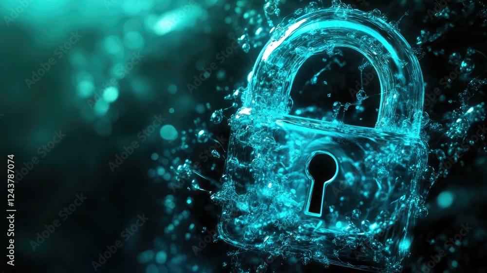 Poster abstract digital protection concept with a glowing transparent lock and blue data particles in the b