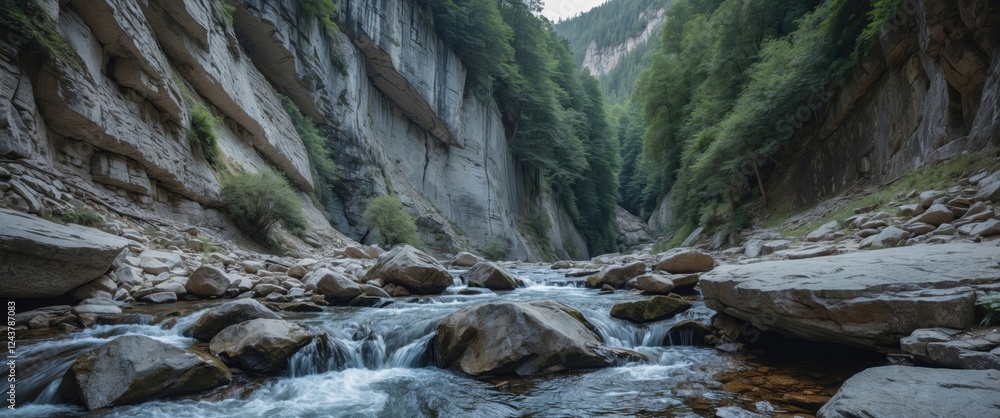 Poster a scenic mountain stream flowing through a narrow gorge surrounded by steep cliffs and lush forest w