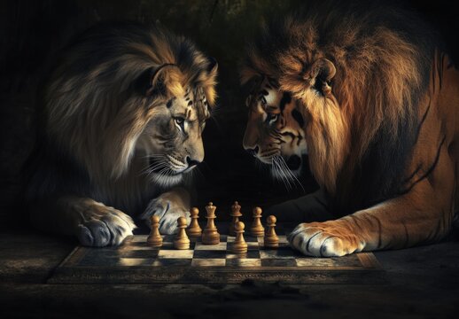 A lion and a tiger playing chess