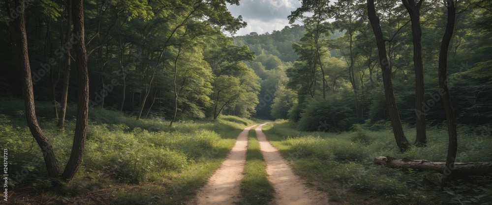 Aufkleber forest hiking path surrounded by lush greenery inviting exploration with open space for seasonal tex