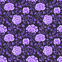 Monochrome purple watercolor style chinoiserie seamless pattern on black background. Ginger jar floral repeat design. Chinese traditional art print.