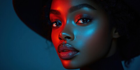 Obraz premium Captivating Gaze: A Portrait of Beauty in Red and Blue Light