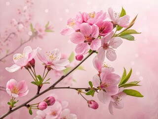 Obraz premium Blooming Delicate: Pastel pink cherry blossoms, delicate and soft, burst forth with vibrant life on a branch, capturing the ethereal beauty of spring's arrival. 