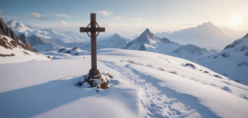 Wooden cross with bell on snow-covered trek to Vihren Peak, snowy, Bulgaria, Vihren Peak, winter, trekking