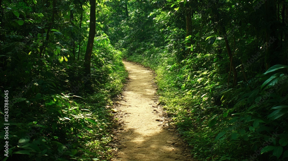 Aufkleber sunlight filters through the dense canopy, illuminating a winding dirt path that meanders through a 