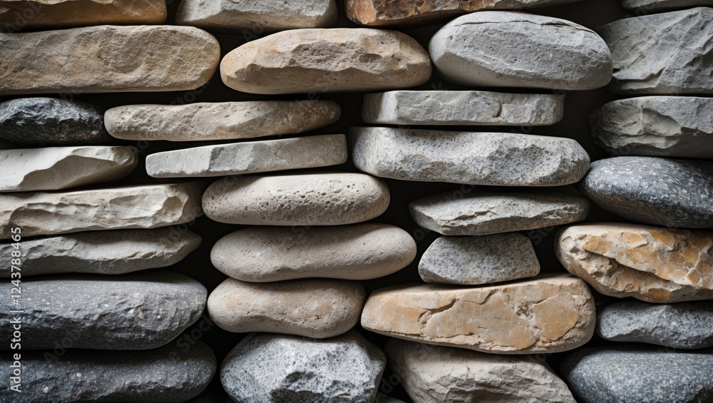 Poster textured closeup of natural stones arranged in a balanced stack showcasing different colors and shap