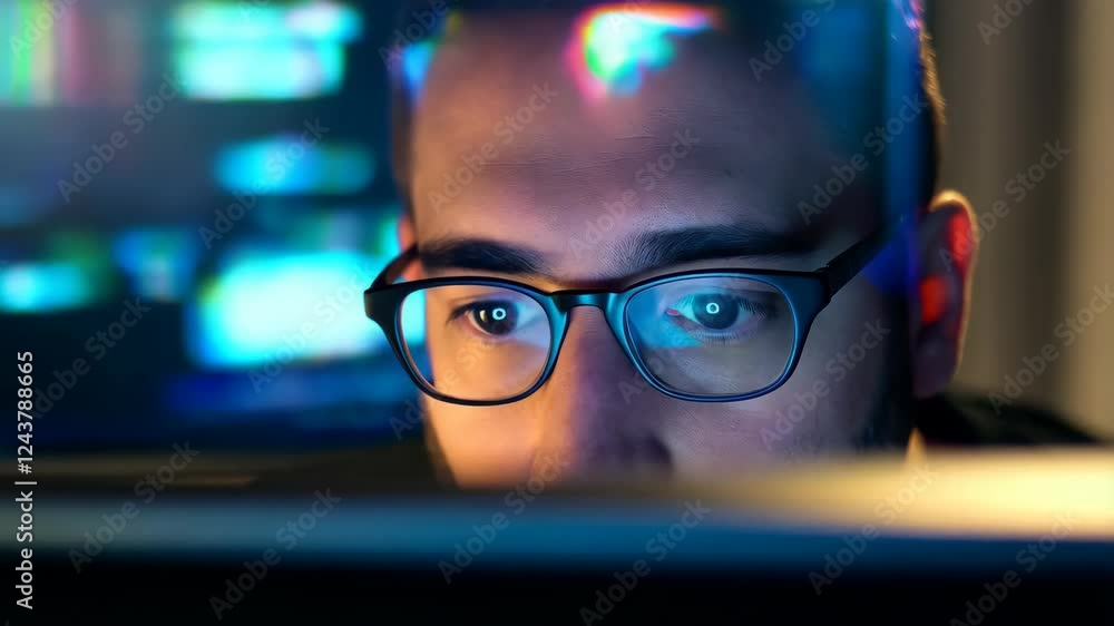 Poster man with glasses is looking at a computer screen. concept of focus and concentration as the man star