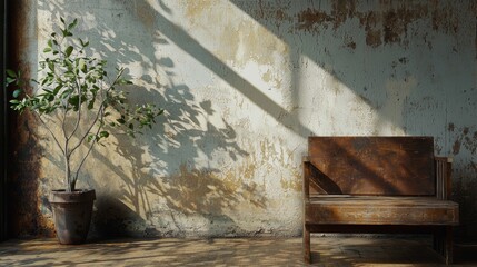 Rustic corner with wooden bench and sunlight shadows