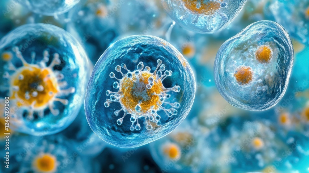 Poster intricate microbial cells displaying unique structures under microscopic view, highlighting abstract