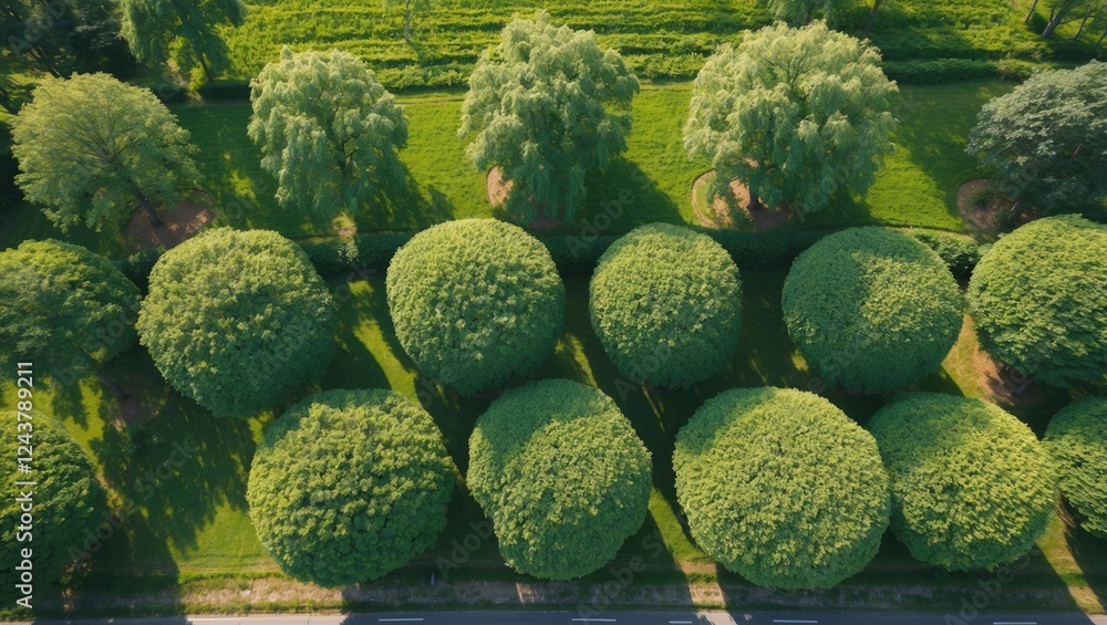 Poster aerial view of lush green trees in perfect symmetry on a sunny day with space for text or graphics