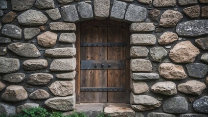 Stone wall with rustic wooden door framed by natural stones in an old architectural style surrounded by greenery.