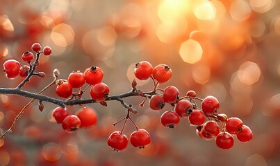 Beautiful red winter berries on branch against blurred golden bokeh background, perfect for seasonal greeting cards and festive nature photography.