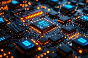 Obraz premium Close-up view of a complex microchip circuit board illuminated by glowing orange lights, showcasing advanced technology in action