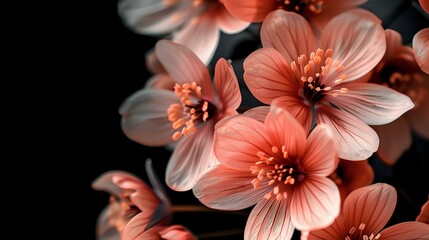 Fototapeta premium Delicate coral pink flowers with soft petals and stamens on dark background, perfect for romantic designs, wedding invitations, and elegant floral backgrounds.