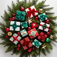 Christmas gift box with white ribbon on Christmas wreath, fir branches, Christmas balls