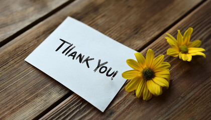 Note paper with text THANK YOU on wooden table.